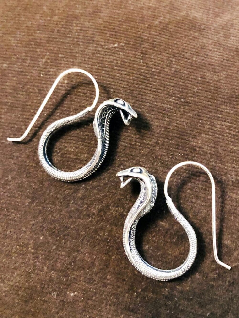Cobra Earrings in Silver Tone Brass Reptile Jewelry Snake Earrings